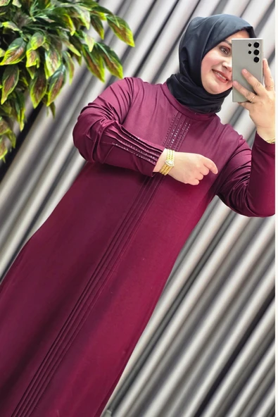 Kadın Giyim Büyük Beden Kolu Nevrür Taşlı Çimalı Elbise - Resim 12