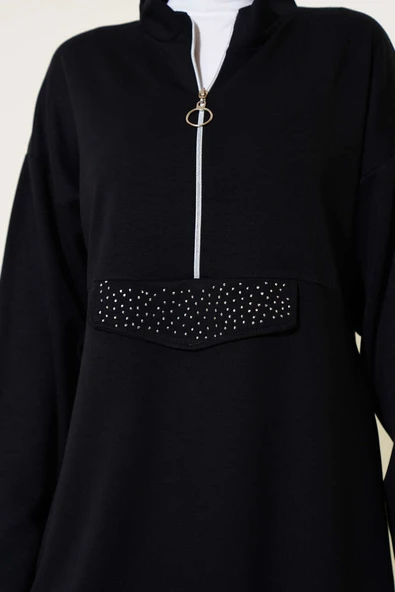 Loyşa Yarım Fermuarlı Taşlı İkili Takım Siyah - Resim 4