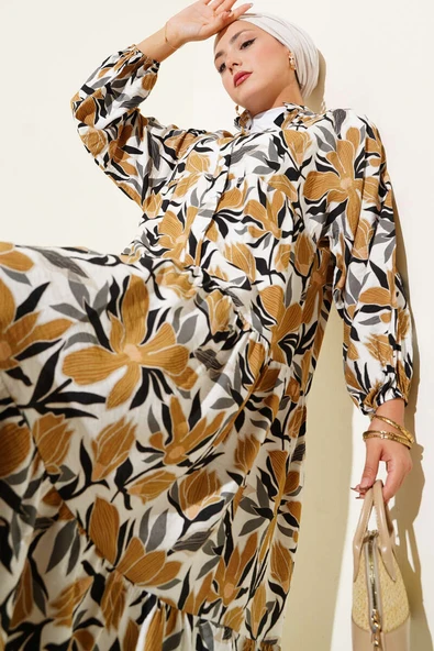 Hakim Yaka Floral Desenli Elbise Hardal ürün görseli 1