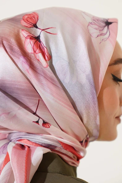 Çiçek Desen Twill Eşarp Gül Kurusu - Resim 4