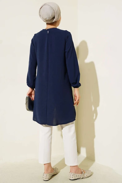 Bisiklet Yaka Biyeli Ayrobin Tunik Lacivert - Resim 3
