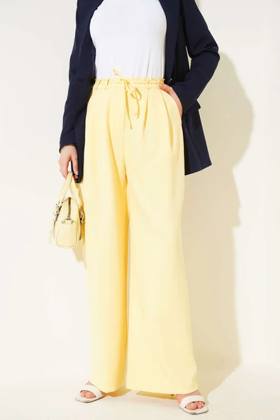 Pile Detaylı İp Kuşaklı Pantolon Sarı ürün görseli 1
