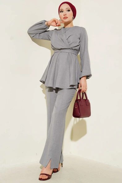 Önü Çapraz Kuşaklı İkili Takım Gri ürün görseli 1