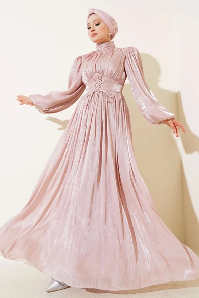 Şifon İp Bağlamalı Piliseli Abiye Elbise Pudra ürün görseli 1