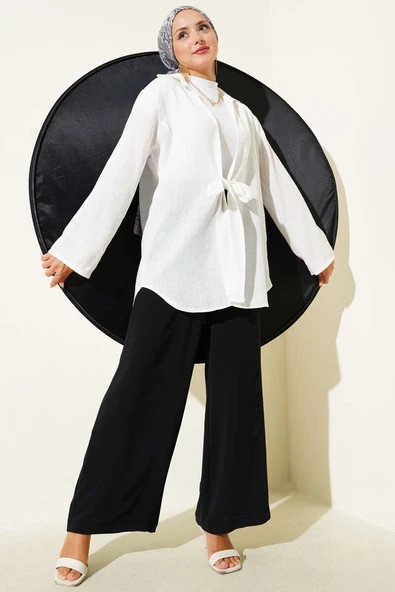 Önü Bağlama Detaylı Keten Kimono Beyaz - Resim 2