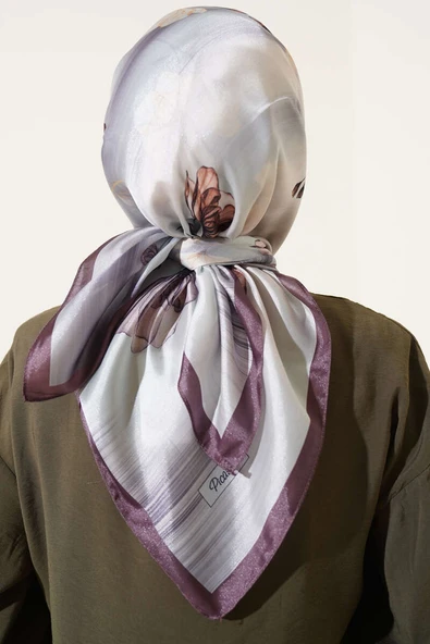 Çiçek Desen Twill Eşarp Acı Kahve - Resim 3