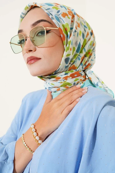 Çiçek Desen Bambu Kraş Eşarp Turkuaz - Resim 2