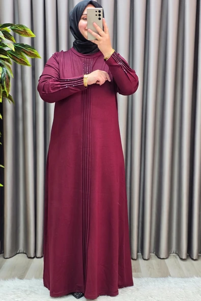 Kadın Giyim Büyük Beden Kolu Nevrür Taşlı Çimalı Elbise - Resim 11