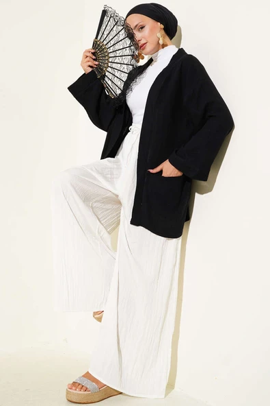 Çift Cepli Müslin Hırka Siyah - Resim 2