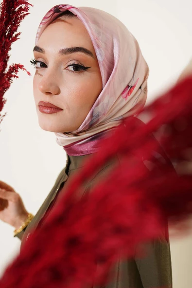 Çiçek Desen Twill Eşarp Magenta - Resim 2