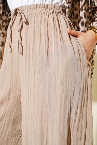 Yandan Cepli Salaş Kırışık Pantolon Latte - Resim 4