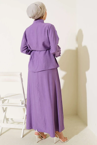 Yaka Fırfır Detaylı Etekli İkili Takım Lila - Resim 3
