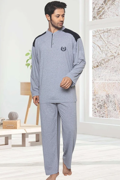 Garnili Uzun Kol Büyük Beden Pijama Takım Gri ürün görseli 1