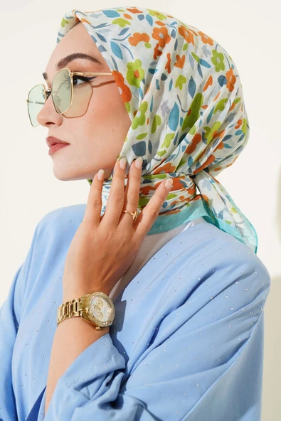 Çiçek Desen Bambu Kraş Eşarp Turkuaz ürün görseli 1