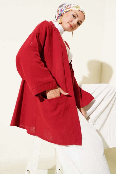 Çift Cepli Müslin Hırka Bordo ürün görseli