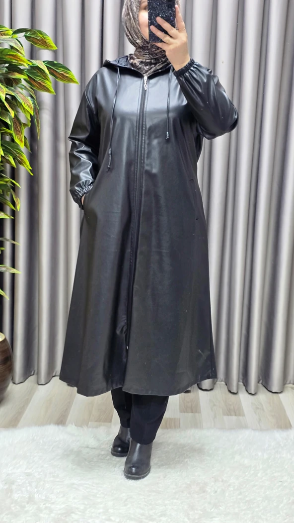 Kadın Büyük Beden Kapşonlu Fermuarlı Suni Deri Tesettür Kap Su Geçirmez Dış Giyim - Resim 10