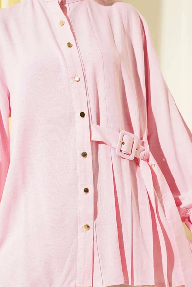Hakim Yaka Kemer Detaylı Tunik Pembe - Resim 4