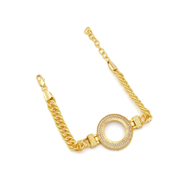 Altın Kaplama İmitasyon 2 Sıra Zirkon Taşlı Zincirli Çeyrek Çerçeve Bileklik BLK-1163 - Resim 3