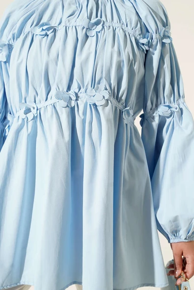 Çiçek Detaylı Kol Lastikli Tunik Bebe Mavi - Resim 4