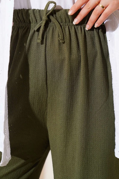 Bel İp Detaylı Bürümcük Pantolon Haki - Resim 4