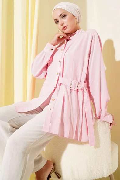 Hakim Yaka Kemer Detaylı Tunik Pembe ürün görseli