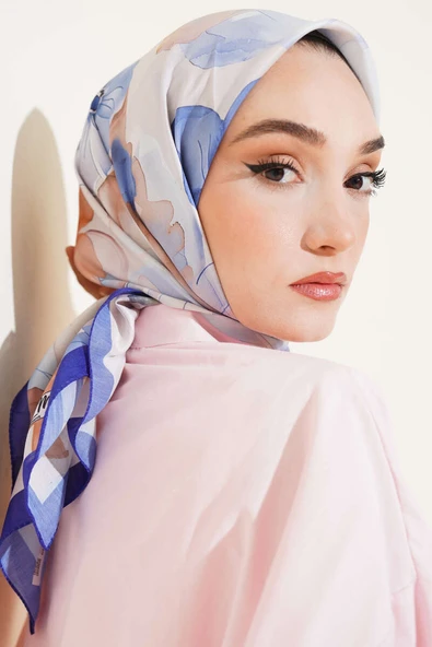 Ebruli Çiçek Desenli Eşarp Lacivert - Resim 2