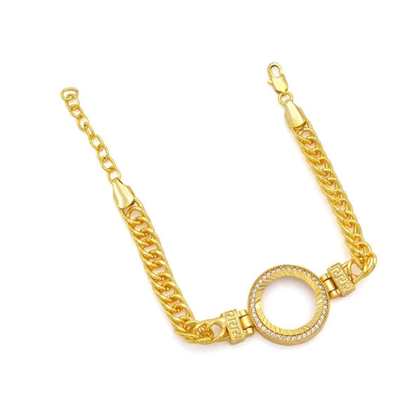 Altın Kaplama İmitasyon  Zirkon Taşlı Zincirli Çeyrek Çerçeve Bileklik BLK-1166 - Resim 3