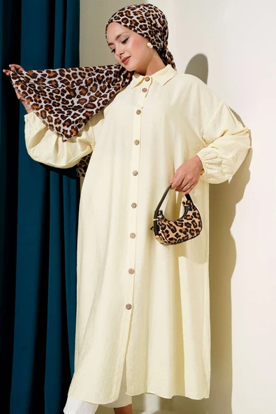 Tahta Düğmeli Uzun Tunik Sarı ürün görseli