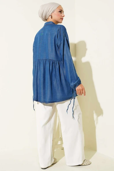 Bilek Bağcıklı Taş Düğmeli Kot Gömlek Koyu Kot - Resim 3