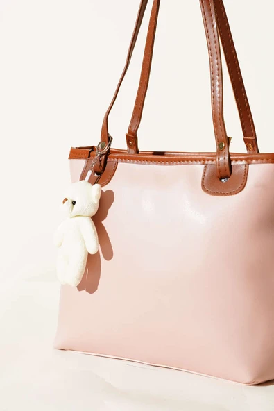 İnce Kulplu Ayıcık Aksesuarlı Çanta Pudra - Resim 3