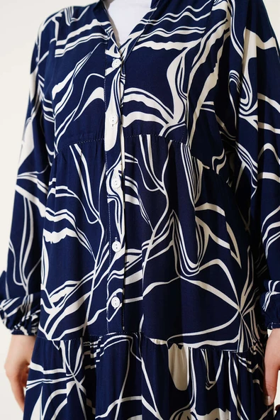 Hakim Yaka Desen Detaylı Elbise Lacivert - Resim 4