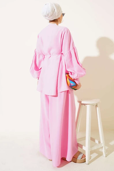 Tek Düğmeli Kuşaklı Oversize İkili Takım Pembe - Resim 3