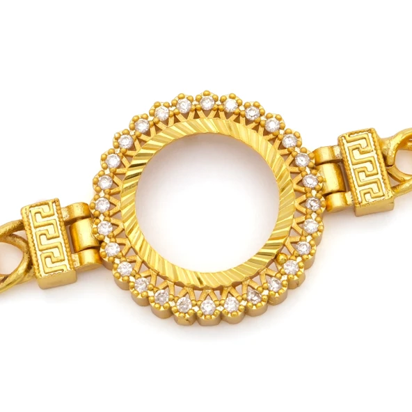 Altın Kaplama İmitasyon Zirkon Taşlı İşlemeli Zincir Çeyrek Çerçeve Bileklik BLK-1170 - Resim 4