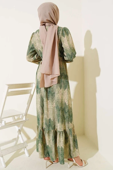 Desenli Viscon Elbise Yeşil - Resim 3
