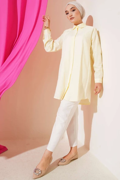 Klasik Yakalı Oval Kesim Sarı Gömlek - Resim 2