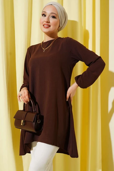 Bisiklet Yaka Biyeli Ayrobin Tunik Kahve ürün görseli 1