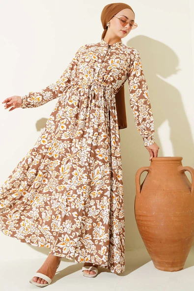 Hakim Yaka Bel Tünelli Desenli Elbise Kahve ürün görseli 1