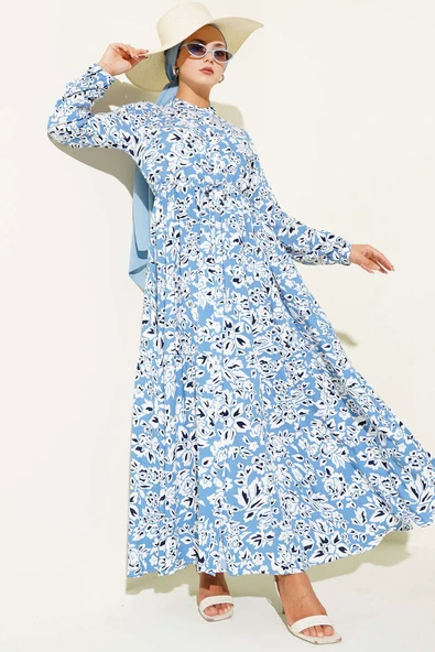 Hakim Yaka Bel Tünelli Desenli Elbise Mavi ürün görseli 1