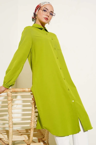 Gömlek Yaka Tek Cepli Uzun Gömlek Yeşil ürün görseli 1