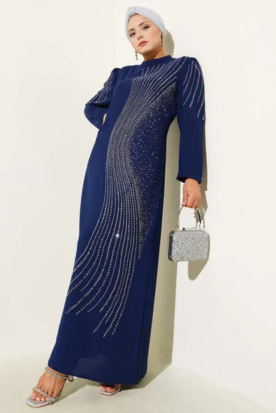 Mini Taş Süslemeli Abiye Elbise Lacivert ürün görseli 1