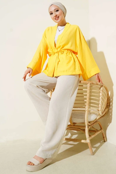 Çift Cepli İp Bağlamalı Kimono Sarı - Resim 2