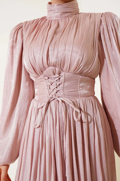 Şifon İp Bağlamalı Piliseli Abiye Elbise Pudra - Resim 4