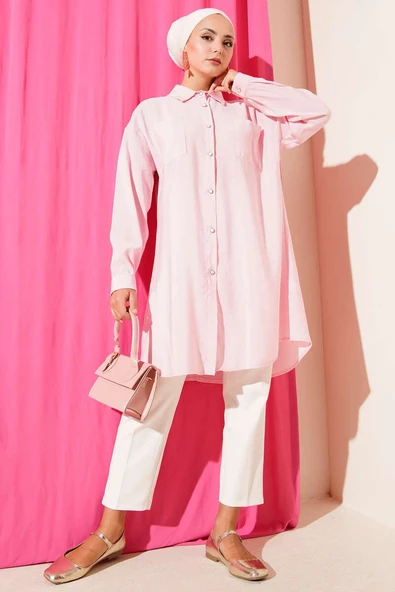 Taş Düğmeli Uzun Tunik Pembe - Resim 2