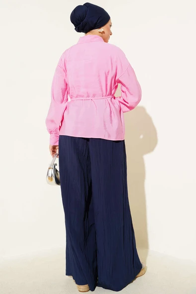 Önü Büzgülü İp Bağcıklı Gömlek Pembe - Resim 3