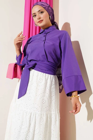Düğmeli Yan Bağlamalı Kısa Gömlek Mor ürün görseli 1