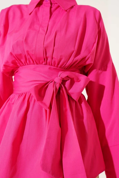 Kendinden Kuşaklı Önü Büzgülü Tunik Fuşya - Resim 4