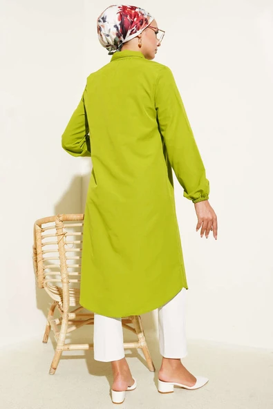 Gömlek Yaka Tek Cepli Uzun Gömlek Yeşil - Resim 3