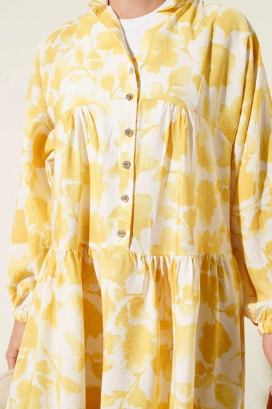 Yarım Düğmeli Ebruli Desen Elbise Sarı - Resim 4