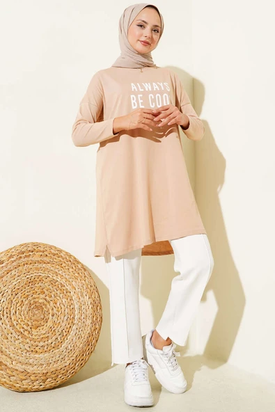 Always Be Cool Baskılı Tunik Latte - Resim 2