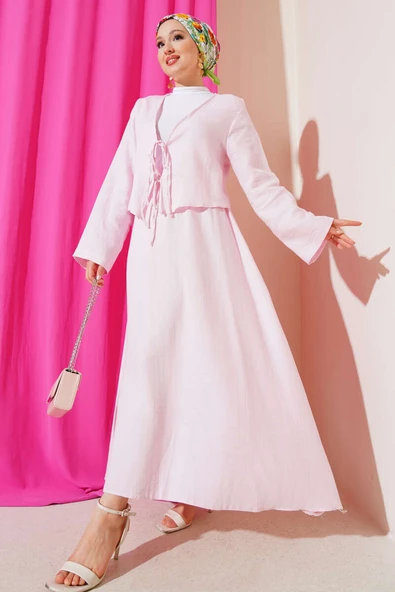 İp Bağcık Kimono Etekli İkili Takım Pembe ürün görseli 1